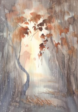 akşam hafif suluboya arka plan yağmurlu orman