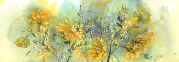 Gele tulpen aquarel achtergrond met kersenbloemen — Stockfoto