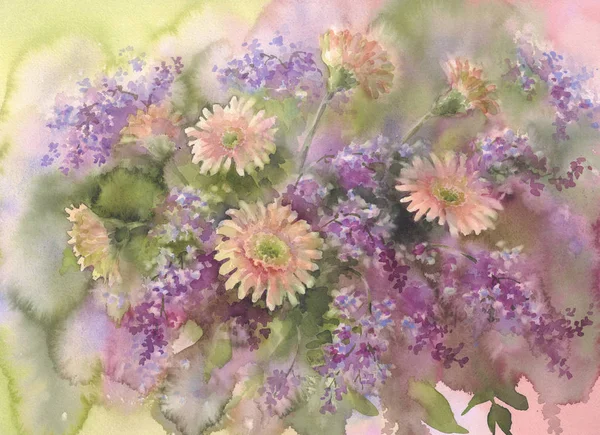 Viola rami lilla e fiori margherita acquerello sfondo — Foto Stock