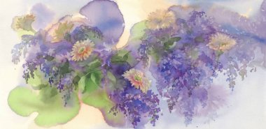 menekşe leylak dalları ve papatya çiçekleri suluboya arka plan