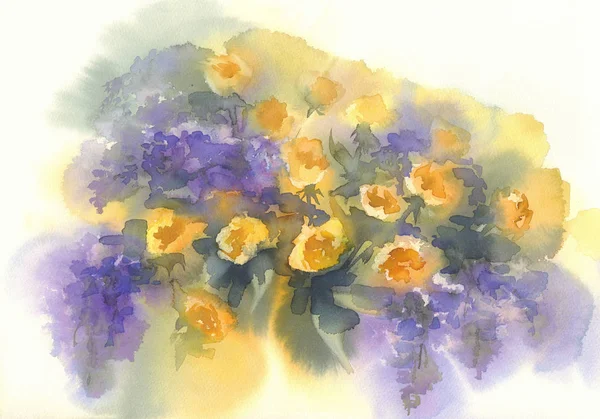 Żółte róże z fioletowymi liliowymi gałęziami akwarela tło — Zdjęcie stockowe