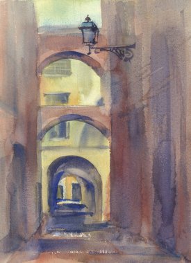 Sepya suluboya arka planda eski şehir kroki