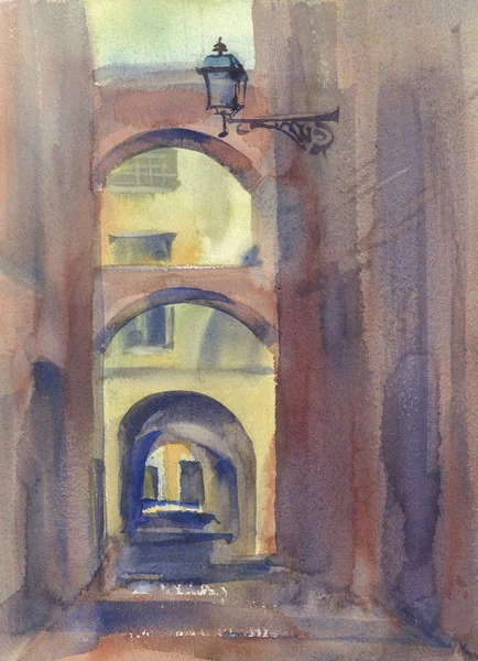 Old town sketch in sepia watercolor background