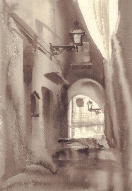 Sepya suluboya arka planda eski şehir kroki