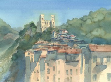 Eski bir şehir ve tepede bir kale ile bir manzara