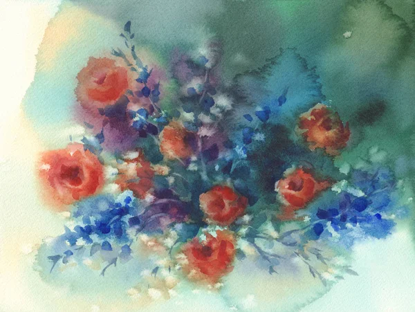 Czerwone róże i niebieskie kwiaty akwarela tło — Zdjęcie stockowe