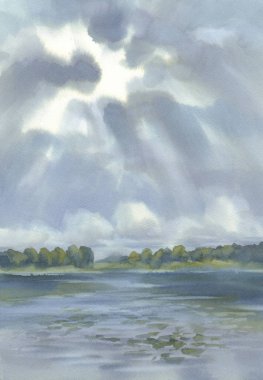 Göl suluboya arka plan üzerinde bulutlar. Yaz manzarası