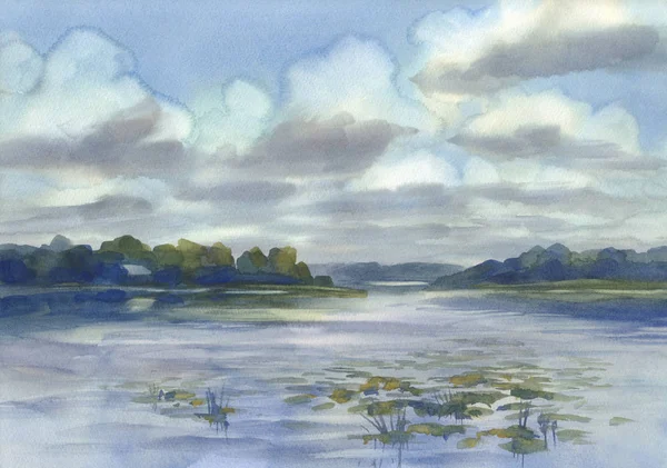 Облака на акварельном фоне озера. Летний пейзаж — стоковое фото