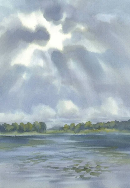 Облака на акварельном фоне озера. Летний пейзаж — стоковое фото