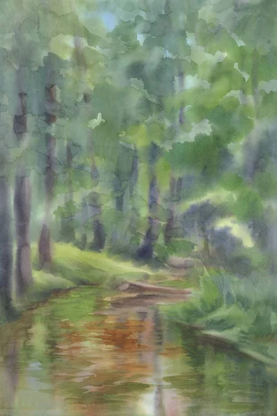 Paysage forestier avec un fond d'aquarelle de rivière. Été vert — Photo