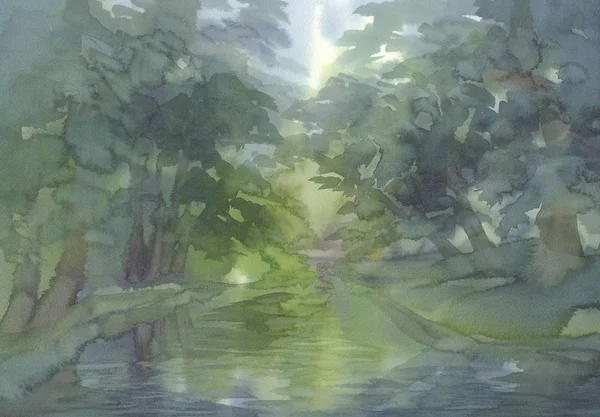 Paysage forestier avec un fond d'aquarelle de rivière. Été vert — Photo