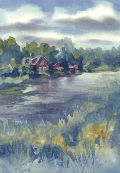 Nehir suluboya arka plan tarafından Sonbahar manzara. Yaz tatilleri