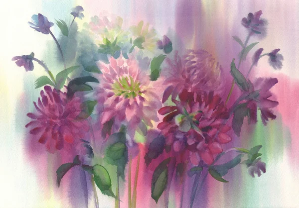 Un bouquet de dahlias violet foncé fond d'aquarelle — Photo