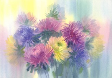 Renk asters suluboya arka plan bir buket