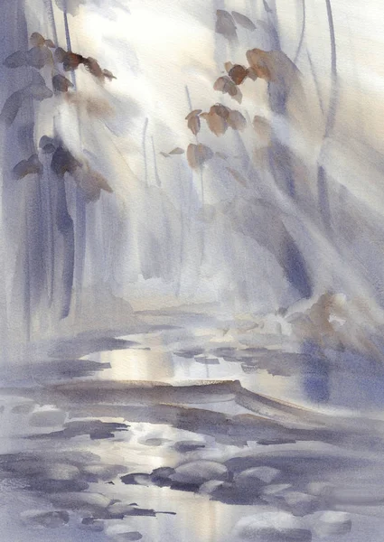 sonbahar orman suluboya manzara ışık