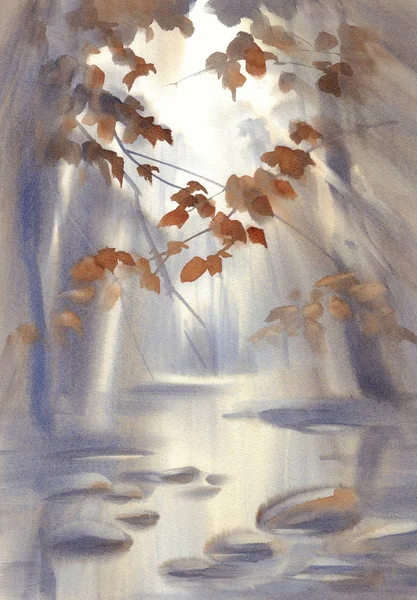 秋天的光在森林水彩风景 — 图库照片