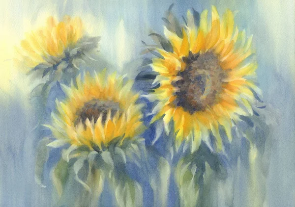 Un bouquet de tournesols sur fond bleu aquarelle — Photo