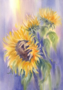 mor suluboya arka plan üzerinde ayçiçeği bir buket