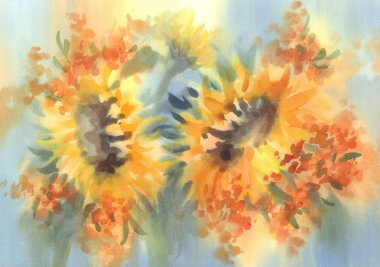 mavi suluboya arka plan üzerinde ayçiçeği bir buket