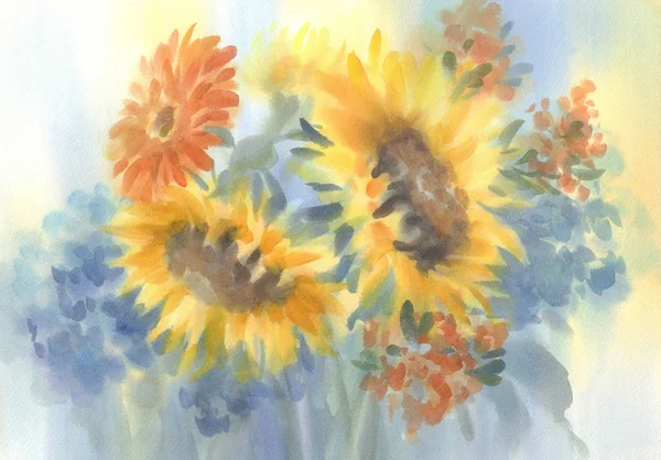 A bouquet of sunflowers on blue watercolor background — Stock Photo, Image