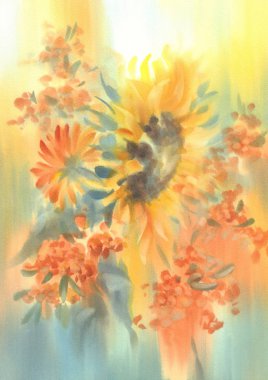 Sarı suluboya arka planda bir buket ayçiçeği.