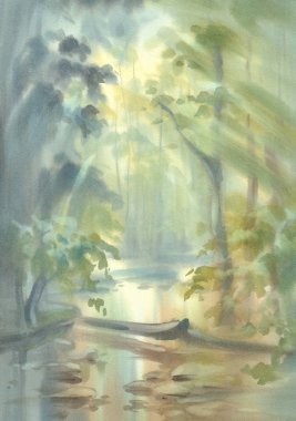 Bir nehir suluboya arka plan ile Orman manzara. Sonbahar manzarası