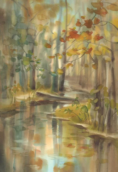秋天的光在森林水彩风景 — 图库照片