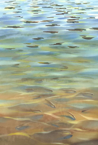 Agua soleada con olas transparentes y peces fondo acuarela — Foto de Stock