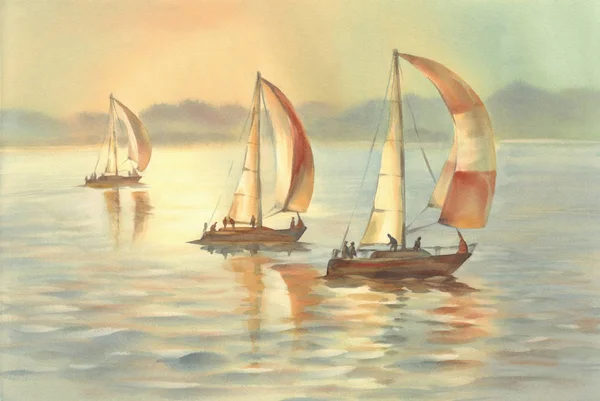 游艇在海面上的黄昏浅色水彩画 — 图库照片
