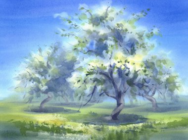 Baharda açan güneşli bahçe suluboya arka planda