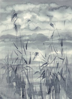 Yaz mevsiminde suluboya manzarada gölün üzerindeki bulutlar