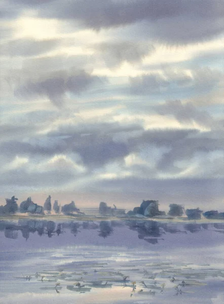 Nuages sur le lac en été paysage aquarelle — Photo