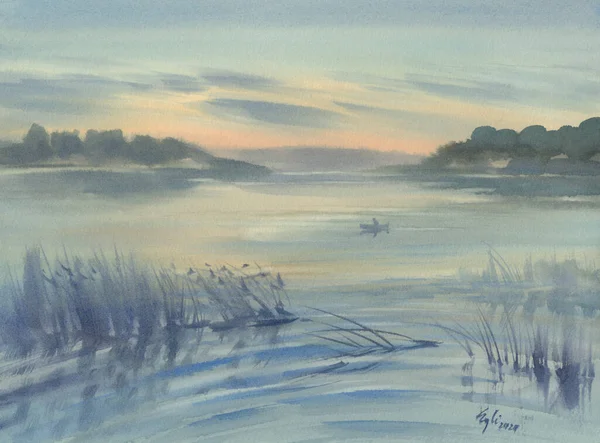 Yaz mevsiminde suluboya manzarada gölün üzerindeki bulutlar