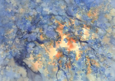 Baharda açan güneşli bahçe suluboya arka planda