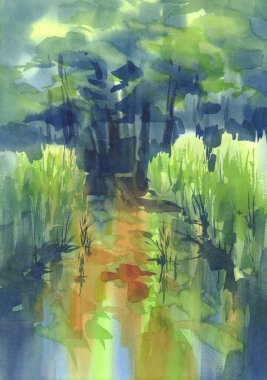 Orman ve nehir manzarası güneş ışığı suluboya arka planı ile