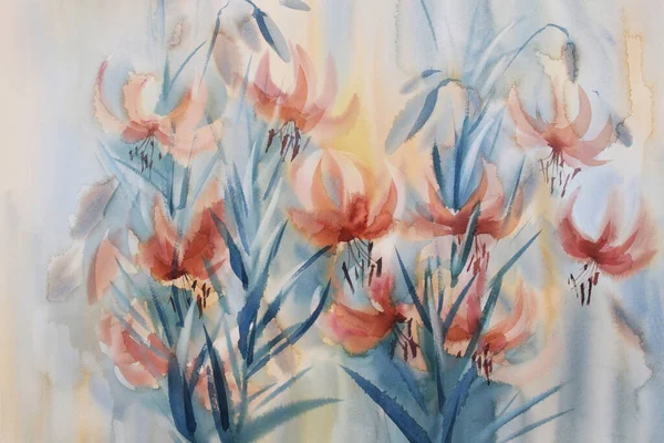 Orange lilja blommar i trädgården akvarell bakgrund — Stockfoto