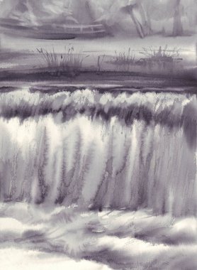 Gri suluboya arka planda şelalesi olan manzara