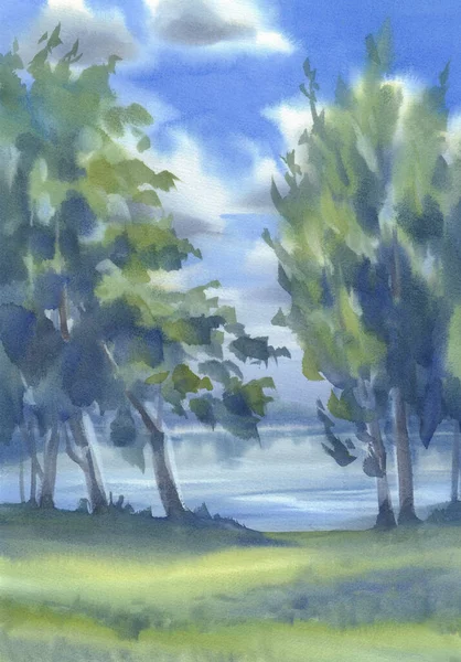 Summer landscape with a lake and trees watercolor background — Stock Photo, Image