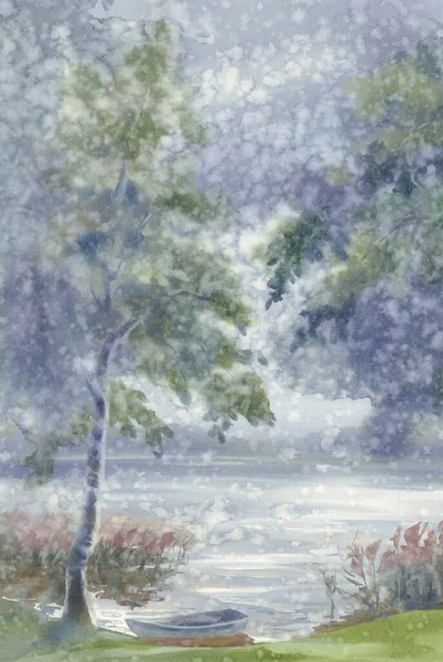 Pioggia estiva dal lago acquerello sfondo — Foto Stock