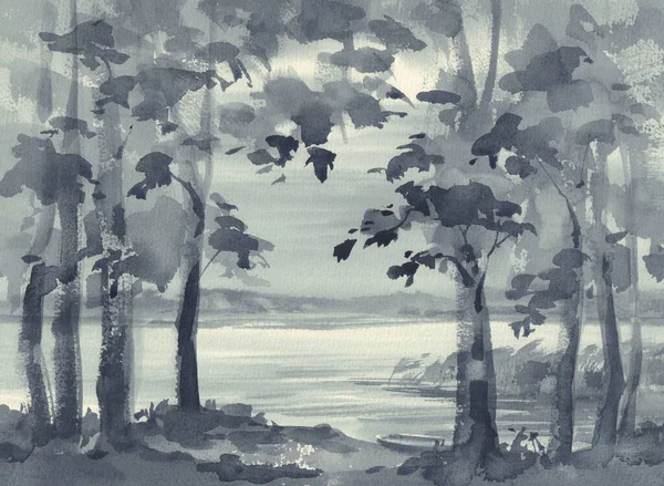 Summer landscape in grey with a lake and trees watercolor background — Stock Photo, Image