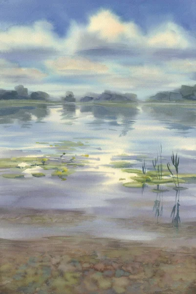 Летний пейзаж с озером и деревьями акварельный фон — стоковое фото
