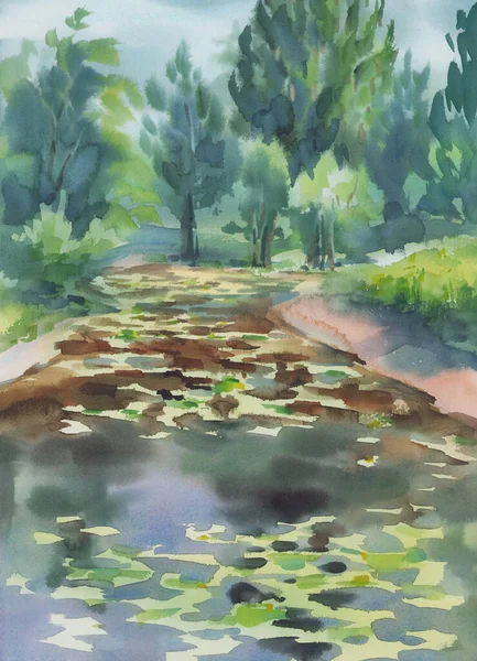 Autumn landscape with a pond watercolor background