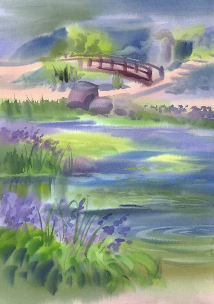 Japanese style garden with a bridge watercolor background