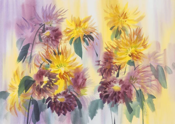 Dahlias jaunes et violettes peintes à l'aquarelle — Photo