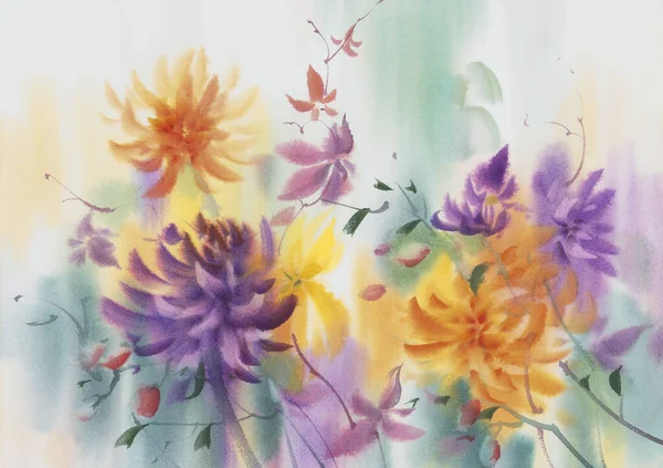 Dahlias jaunes et violettes peintes à l'aquarelle — Photo