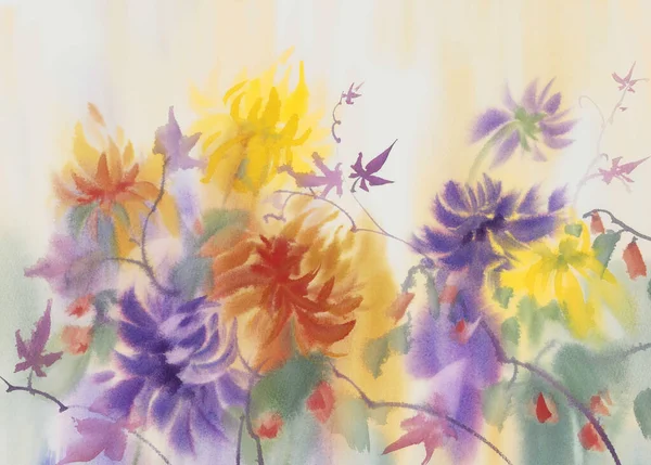 Yellow and violet dahlias painted in watercolor background — Stock Photo, Image