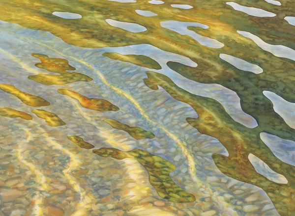 Ondas de água ensolaradas com uma areia em um fundo da aquarela de lago — Fotografia de Stock