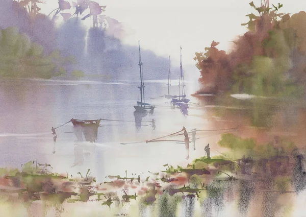 Утренний туман у озера с кораблями на осеннем акварельном фоне — стоковое фото