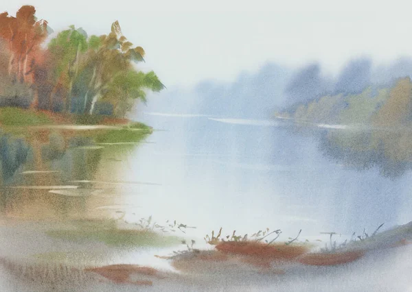 Brume du matin au bord du lac en automne fond aquarelle — Photo