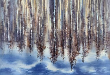 Huş ağacı ormanı gölün suluboya arka planında yansıyor. Soyut resimleme